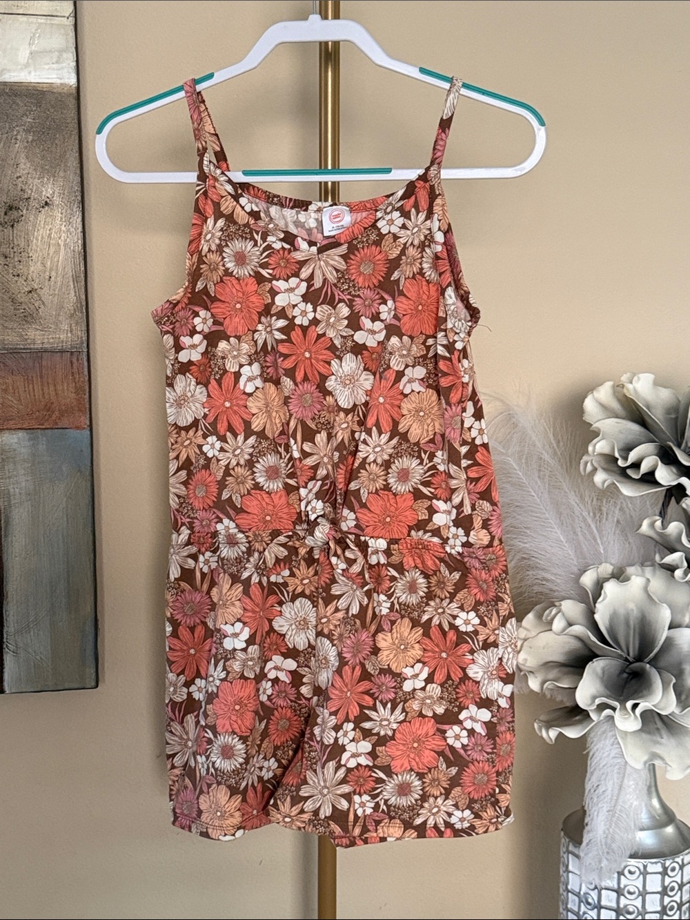 wonder nation Coral & Brown Floral Spaghetti-Strap Dress
